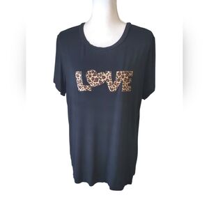 Solution Black Leopard Print LOVE Graphic Tee Short Sleeve Round Neck Size M
